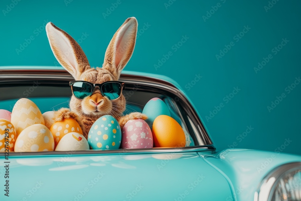 stylish easter bunny in sunglasses peeks out of a car filled with easter eggs
