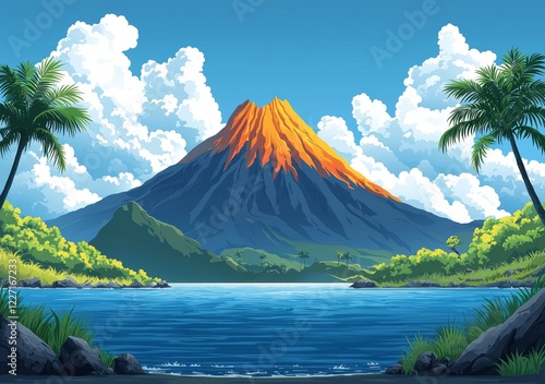 Cartoon childish landscape with palms, volcano, flowers, plants. Flat jurassic, tropic scene for stickers, game or web design. Modern illustration