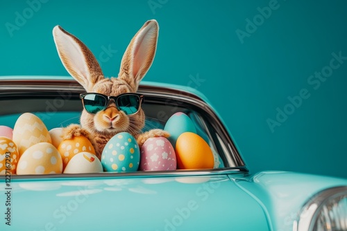 Obraz na płótnie stylish easter bunny in sunglasses peeks out of a car filled with easter eggs w salonie