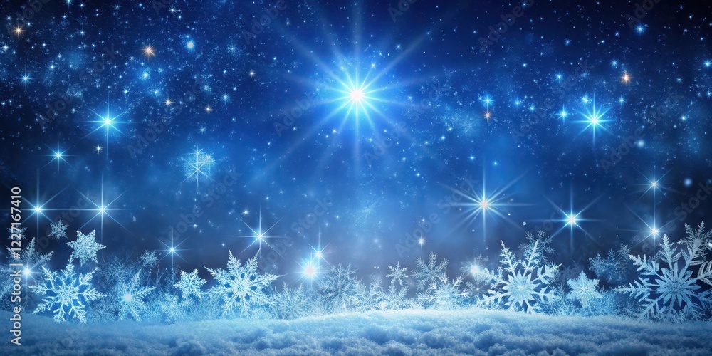 Obraz premium Frosty winter landscape with sparkling snowflakes and twinkling stars in a dark blue sky