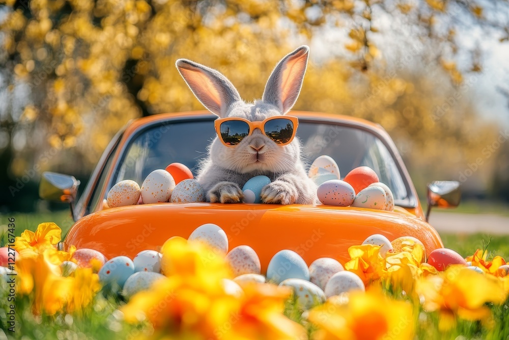 stylish easter bunny in sunglasses peeks out of a car filled with easter eggs