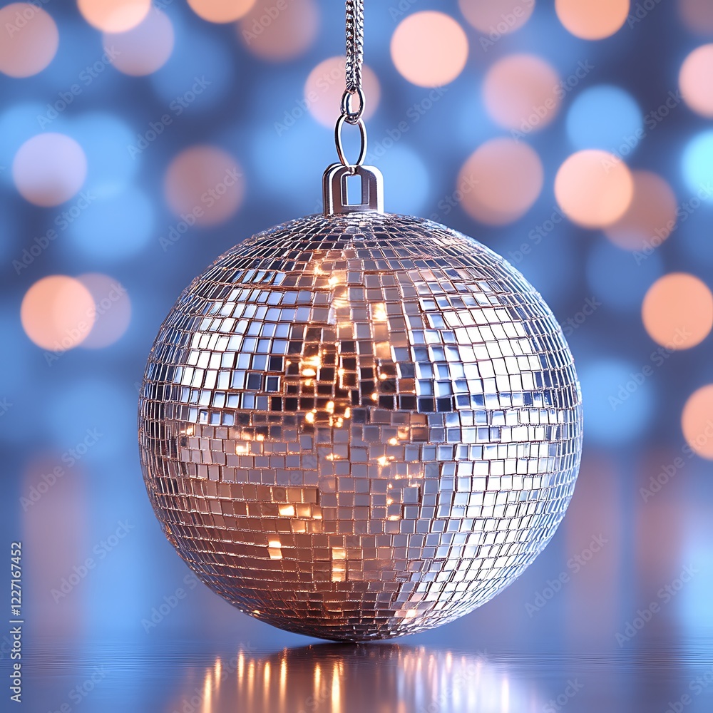 Obraz premium Silver disco ball ornament hangs, bokeh background, holiday decor