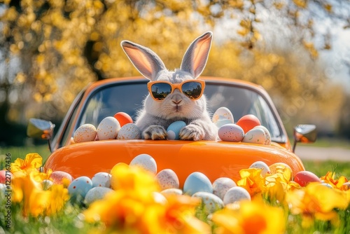 stylish easter bunny in sunglasses peeks out of a car filled with easter eggs