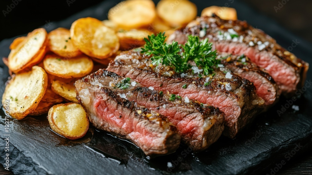 Juicy steak served with crispy potato chips on a white plate Juicy steak served with crispy potato chips on a white plate