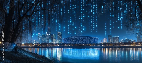 Digital Rain over Futuristic Cityscape with Illuminated Stadium at Night, Beijing, China