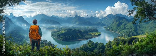 A young traveler and backpacker savor the stunning beauty of the natural landscape at the mountain's peak, in the valley, and by the rivers. A solitary globetrotter man explores nature on his own