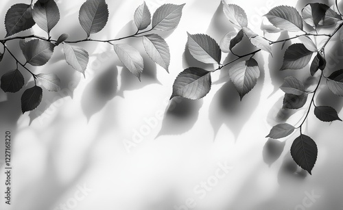Sunlight casts a dappled pattern on a white wall, with the blurry shadows of tropical leaves and branches from nearby trees