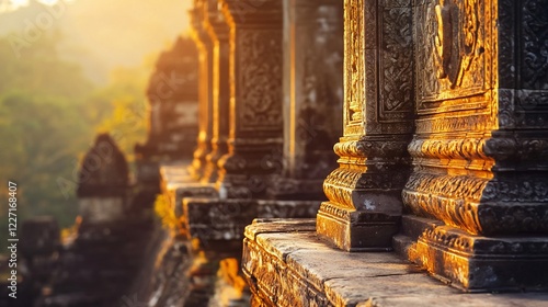 Sunrise illuminates ancient Cambodian temple stone carvings, showcasing intricate details photo