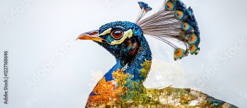 Majestic peacock profile, vibrant plumage, nature backdrop, design element