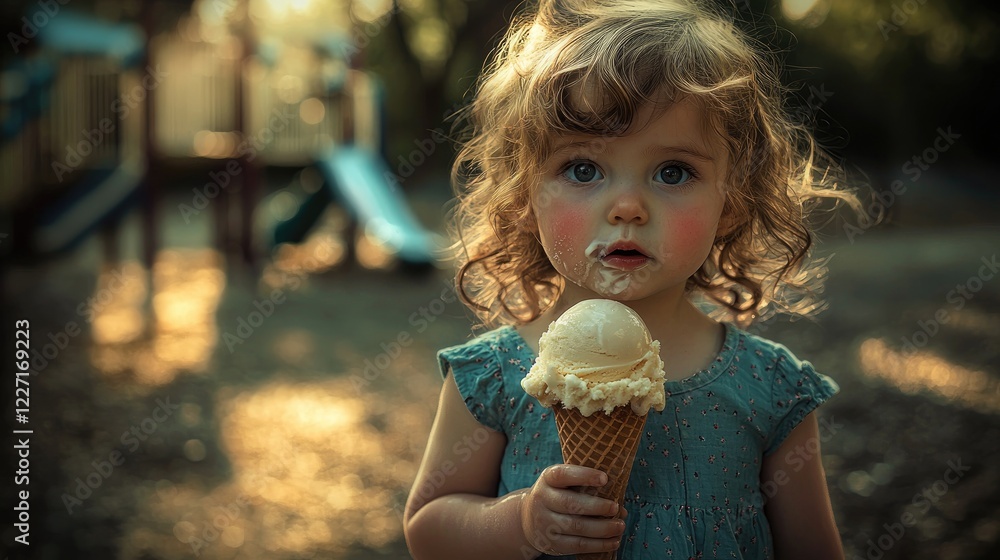 Adorable Toddler Girl Enjoying Sweet Ice Cream Cone at Playground Adorable Toddler Girl Enjoying Sweet Ice Cream Cone at Playground
