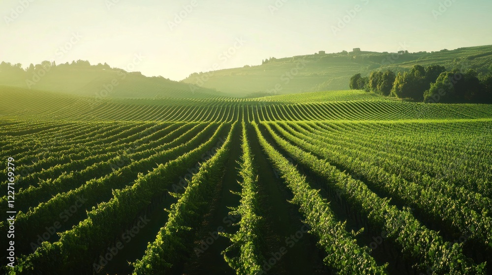 Green Vineyard Rows Stretching Towards the Horizon Under a Gentle Morning Light Green Vineyard Rows Stretching Towards the Horizon Under a Gentle Morning Light