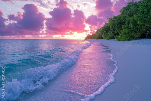 Closeup of sea sand on the beach. Panoramic view of a beach landscape. Inspiring tropical beach seascape at the horizon. Orange and golden sunset sky brings calm and tranquility, relaxing sunlight