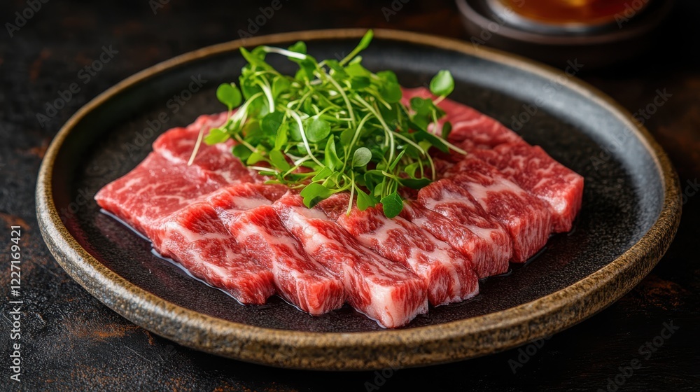 Plate of raw meat with sprig of fresh green herbs ready for cooking and preparation Plate of raw meat with sprig of fresh green herbs ready for cooking and preparation