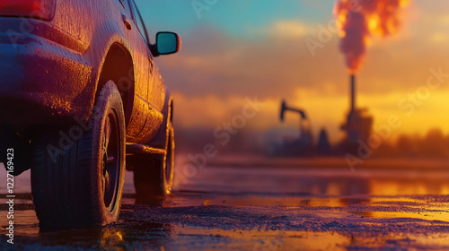 Under a stunning golden sky, an oil gusher erupts forcefully as a vehicle waits nearby. This powerful scene highlights the ongoing struggle between energy demands and environmental impact photo