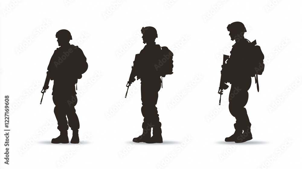 Three Military Saluting Silhouettes Flat Vector Illustration for Patriotism and Respect Concepts