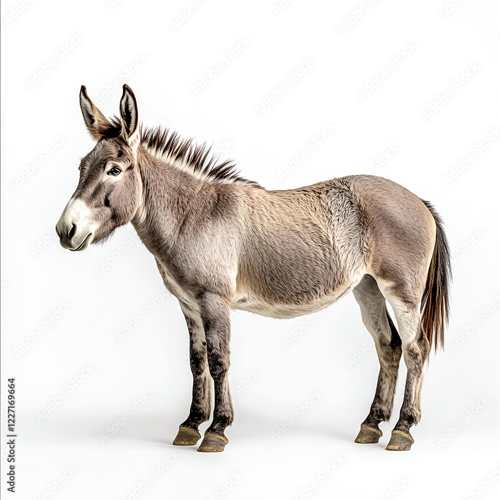 Obraz premium Donkey standing, side view, looking at the camera, isolated on a white background, high-quality photograph. 
