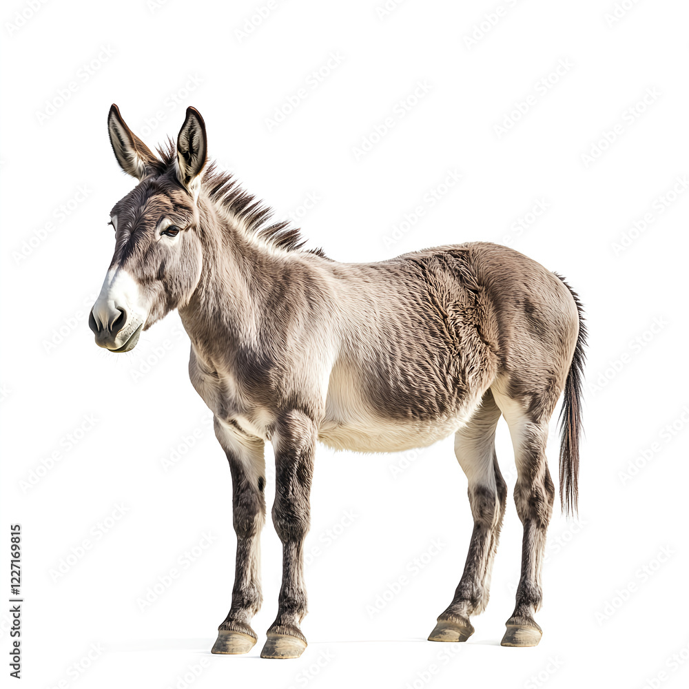 Donkey standing, side view, looking at the camera, isolated on a white background, high-quality photograph. Donkey standing, side view, looking at the camera, isolated on a white background, high-quality photograph.