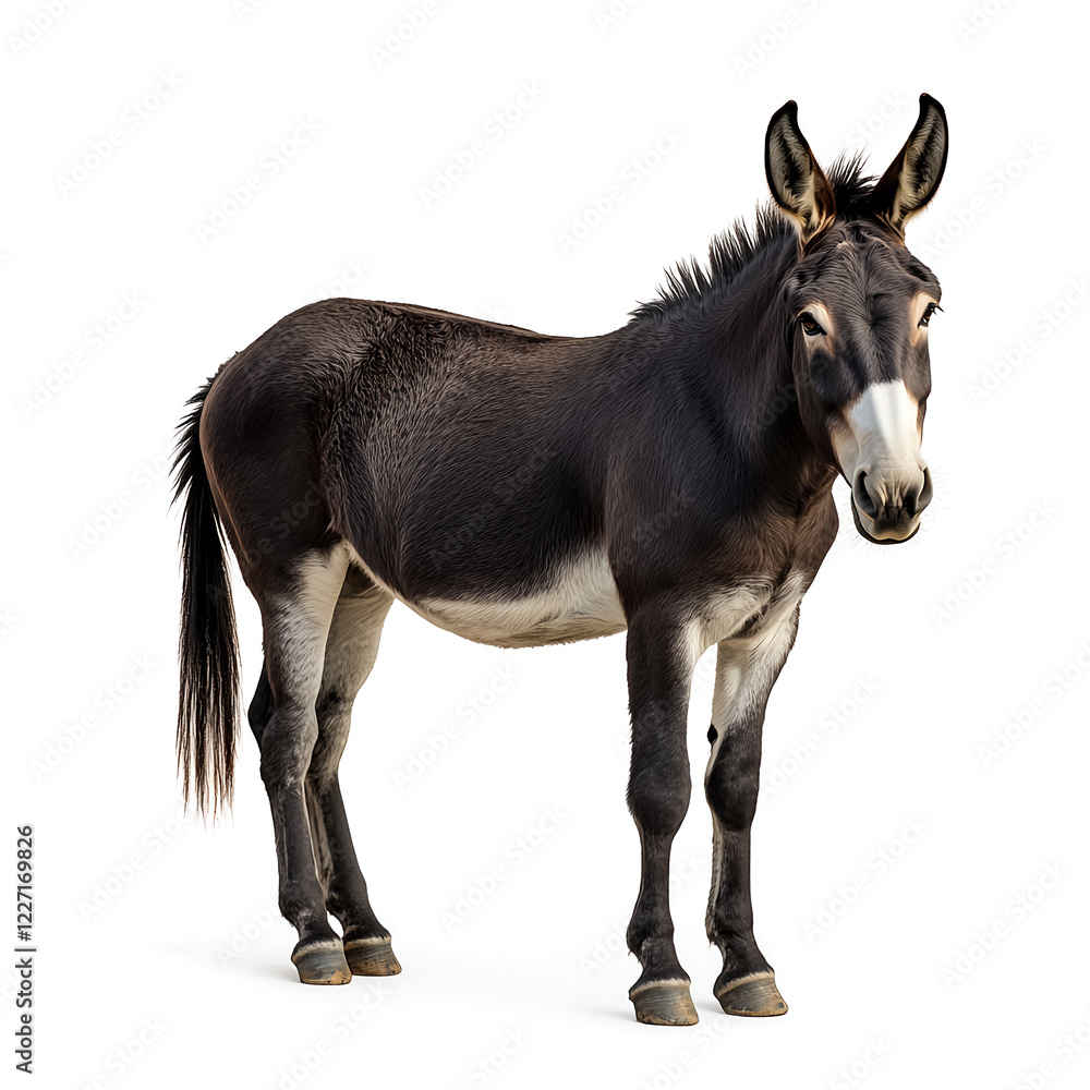 Donkey standing, side view, looking at the camera, isolated on a white background, high-quality photograph. Donkey standing, side view, looking at the camera, isolated on a white background, high-quality photograph.