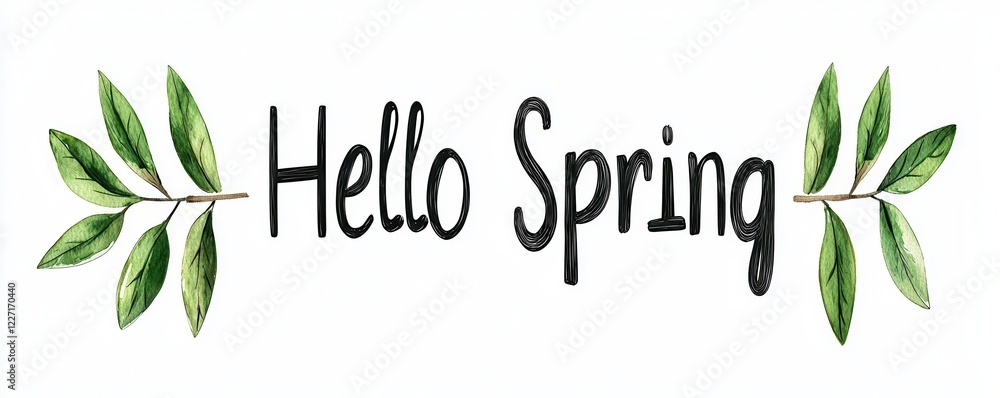 Watercolor Hello Spring Greeting Card with Green Leaves Branches Watercolor Hello Spring Greeting Card with Green Leaves Branches