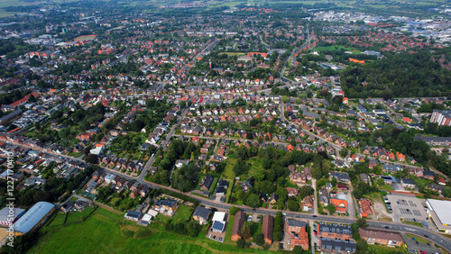 Aerial panorama view around the downtown of the city Husum on a sunny summer day in the Germany
