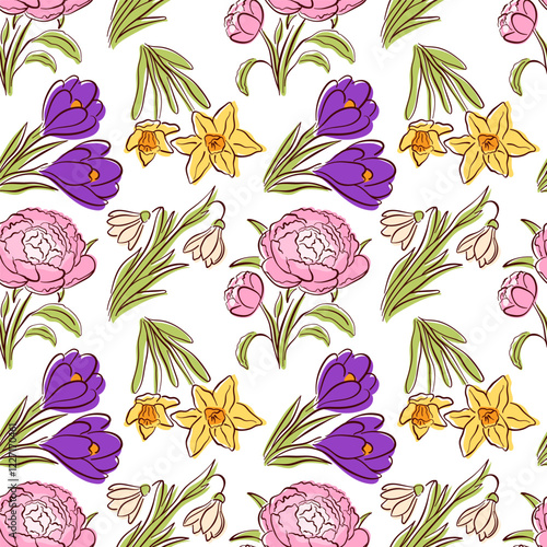 Seamless floral pattern with peony, crocus, daffodil and snowdrop in flat style. Hand drawn spring design for fabric, wallpaper, gift wrapping and botanical theme.