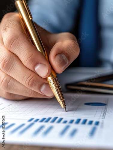 Close-Up of Hand Holding Pen Over Financial Reports and Charts