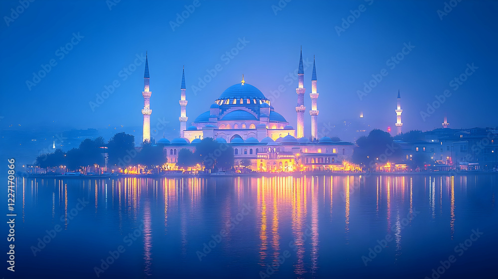 Fototapeta premium A serene view of a mosque illuminated at dusk, reflecting in the water.