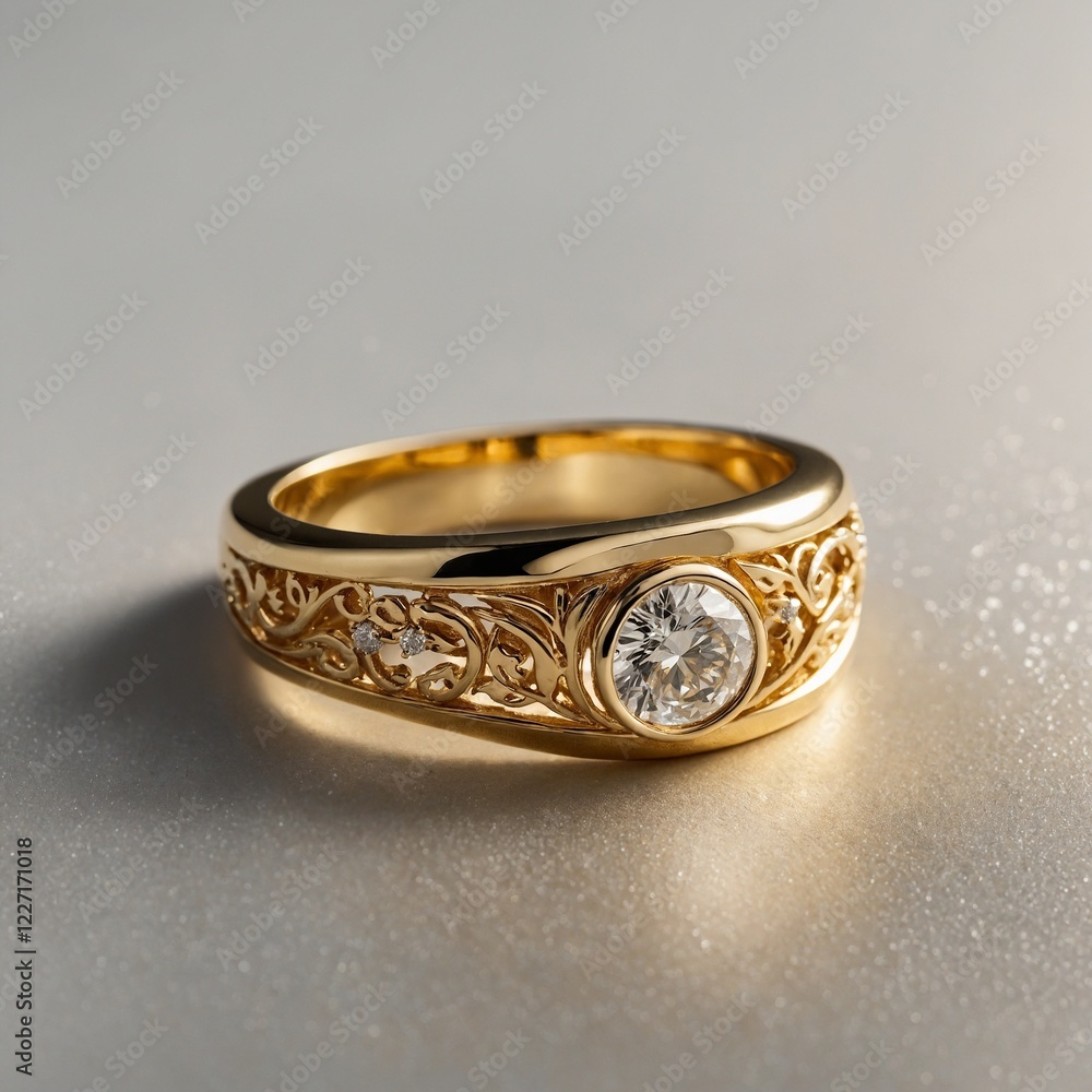 A gold ring with custom name engraving on a white and golden gradient background. A gold ring with custom name engraving on a white and golden gradient background.
