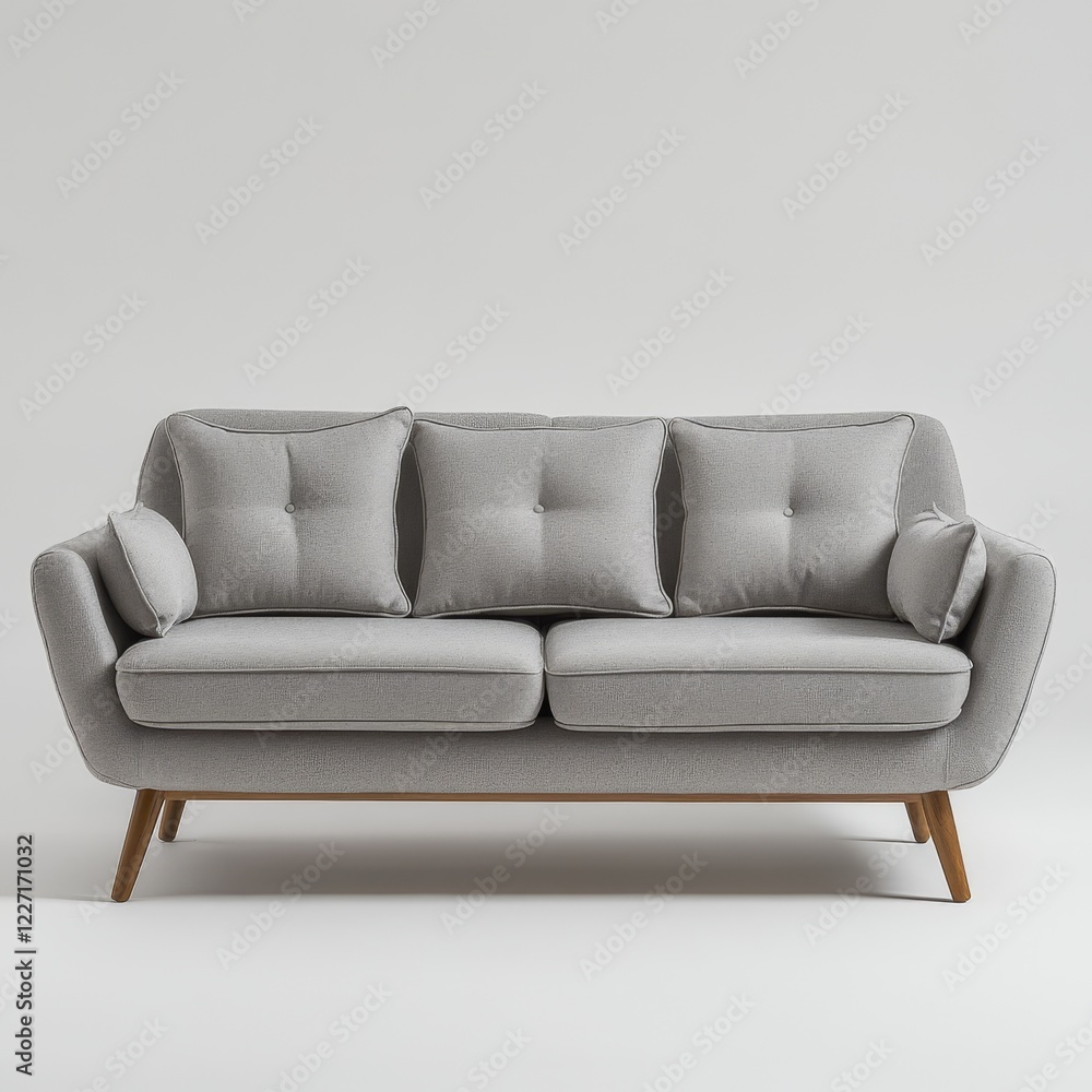 Light grey fabric sofa with wooden legs and button tufting. Light grey fabric sofa with wooden legs and button tufting.