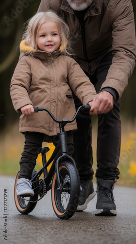 Grandfather and granddaughter share joy while riding VVT bikes in a peaceful outdoor setting photo