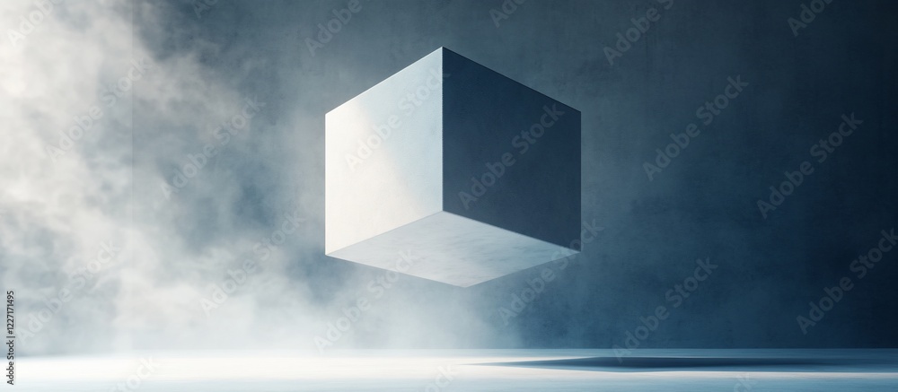 Fototapeta premium Floating cube, smoky studio, digital art, product display