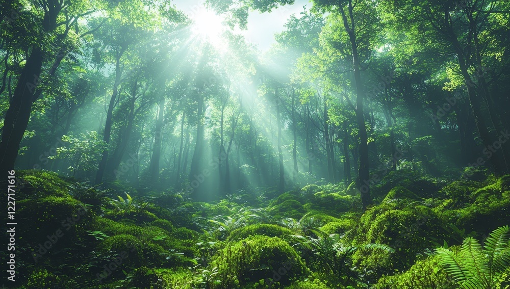 Naklejka premium Exotic foggy forest, jungle panorama, forest oasis, foggy dark forest, natural forest landscape