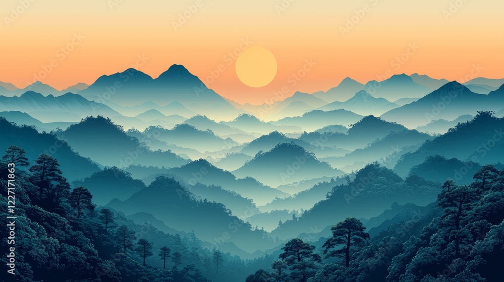 A teal blue abstract mountain range overlaid on a sky gradient background A teal blue abstract mountain range overlaid on a sky gradient background