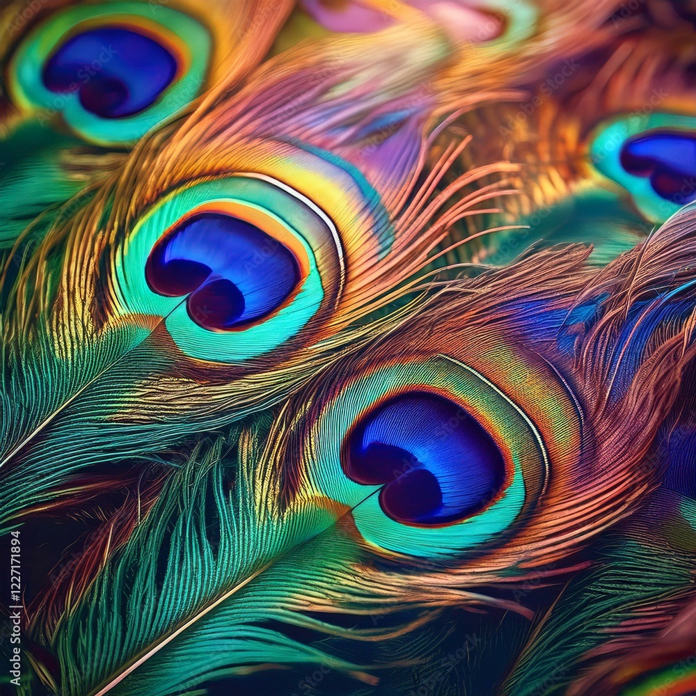 Naklejka premium close-up of vibrant colorful peacock feathers, background graphic resource