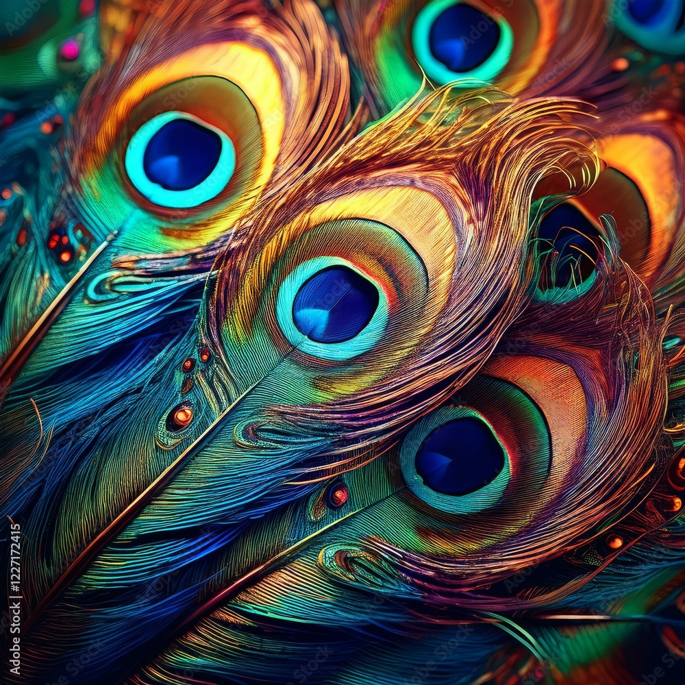 Obraz premium close-up of vibrant colorful peacock feathers, background graphic resource