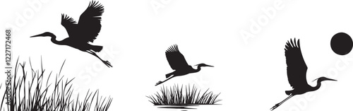 Silhouette of a heron flying vector silhouette