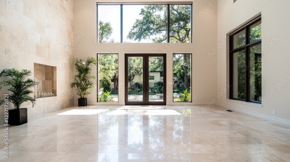 Luxurious home interior, large windows, garden view, bright sunlight, real estate