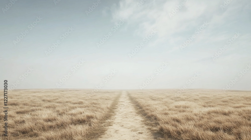 Dusty path vanishing in misty field, journey concept Dusty path vanishing in misty field, journey concept