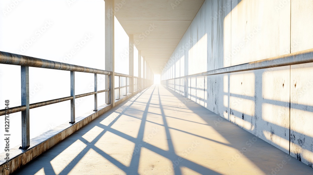 Obraz premium Sunlit concrete walkway, bridge perspective, hazy horizon, architectural design
