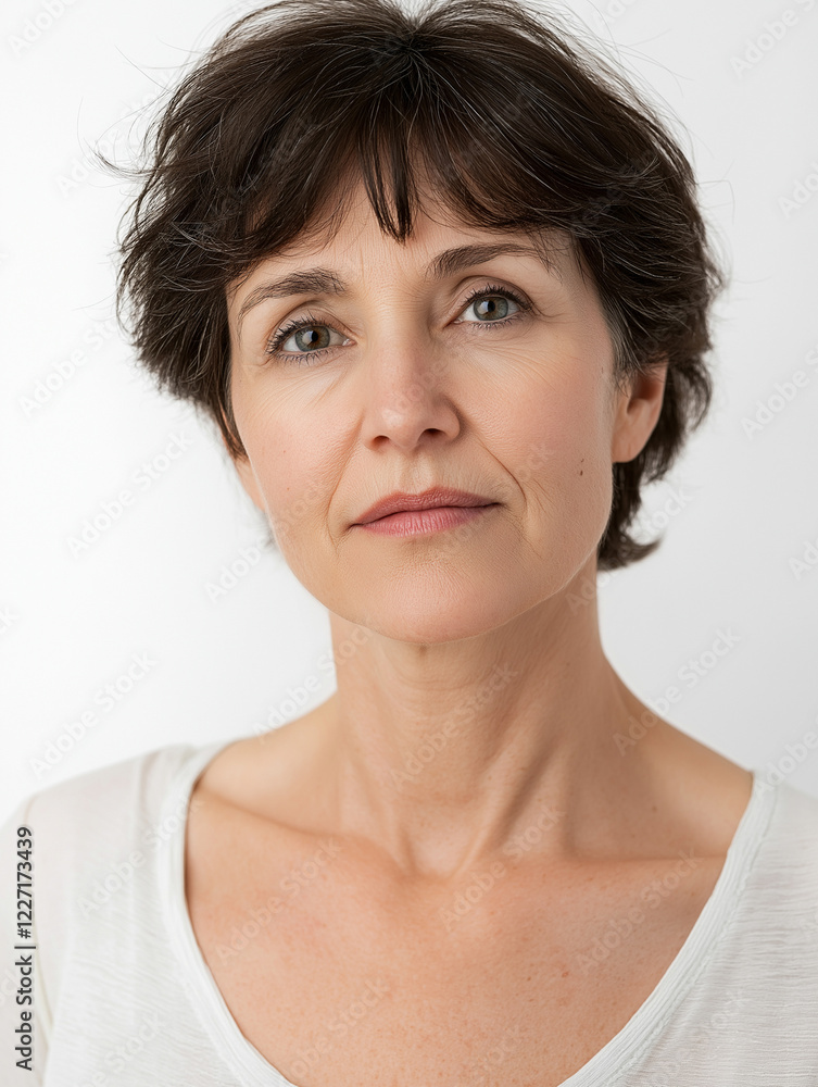 Nahaufnahme einer Person mittleren Alters mit natürlichem Look vor weißem Hintergrund. Authentischer nachdenklicher Gesichtsausdruck, dunkle Frisur und schlichtes Outfit Nahaufnahme einer Person mittleren Alters mit natürlichem Look vor weißem Hintergrund. Authentischer nachdenklicher Gesichtsausdruck, dunkle Frisur und schlichtes Outfit