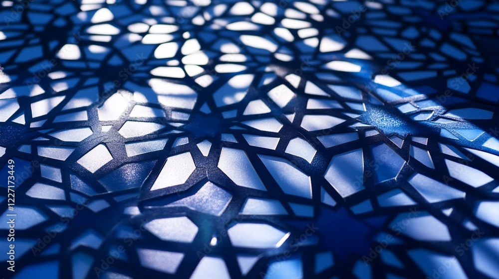 Naklejka premium Blue geometric pattern backlit, window light, Islamic design, textile texture, background