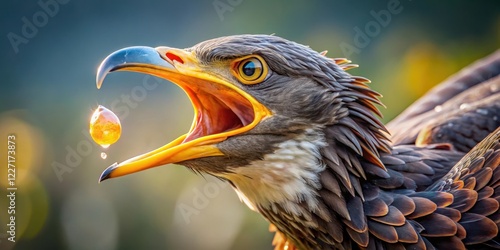 A bird's beak is open wide as it clutches a valuable object tightly, with its feathers ruffled in agitation, in a fierce struggle for possession , nature, feathers