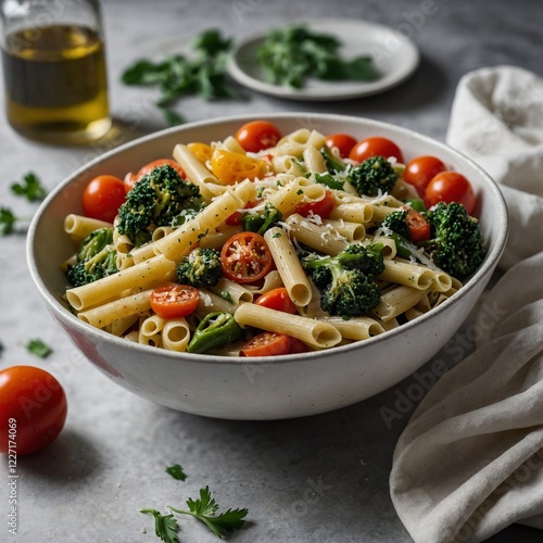 A dish of pasta primavera with colorful vegetables on a white plate.Pasta salad with tomato, mozzarella and basil Il piatto di pasta, con la sua presentazione invitante, promette un viaggio culinario  photo