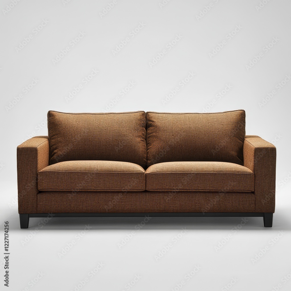 Fototapeta premium Modern brown fabric sofa with dark legs on white background.