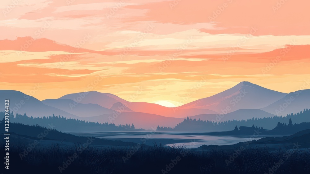 Serene Sunset Over Silhouetted Mountain Range Serene Sunset Over Silhouetted Mountain Range