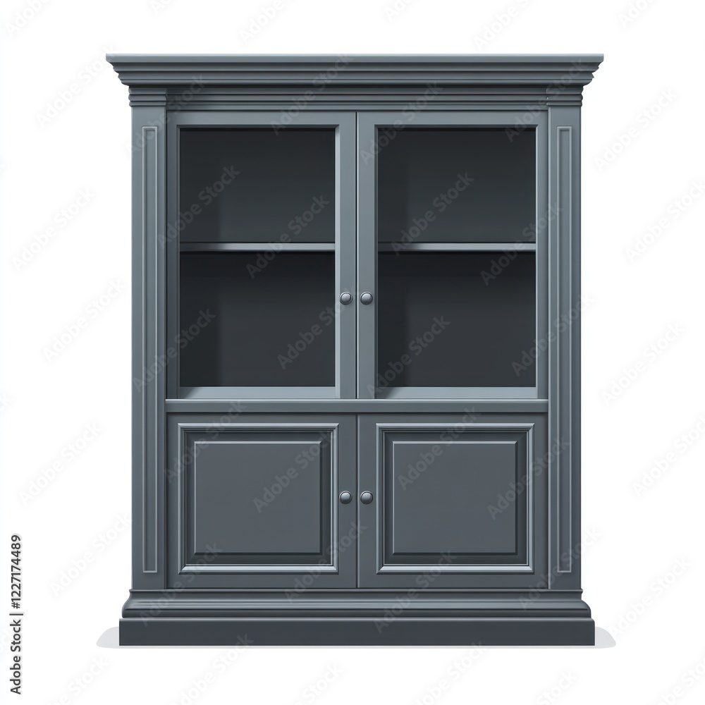 Dark gray wooden display cabinet, empty shelves, white background, home decor Dark gray wooden display cabinet, empty shelves, white background, home decor