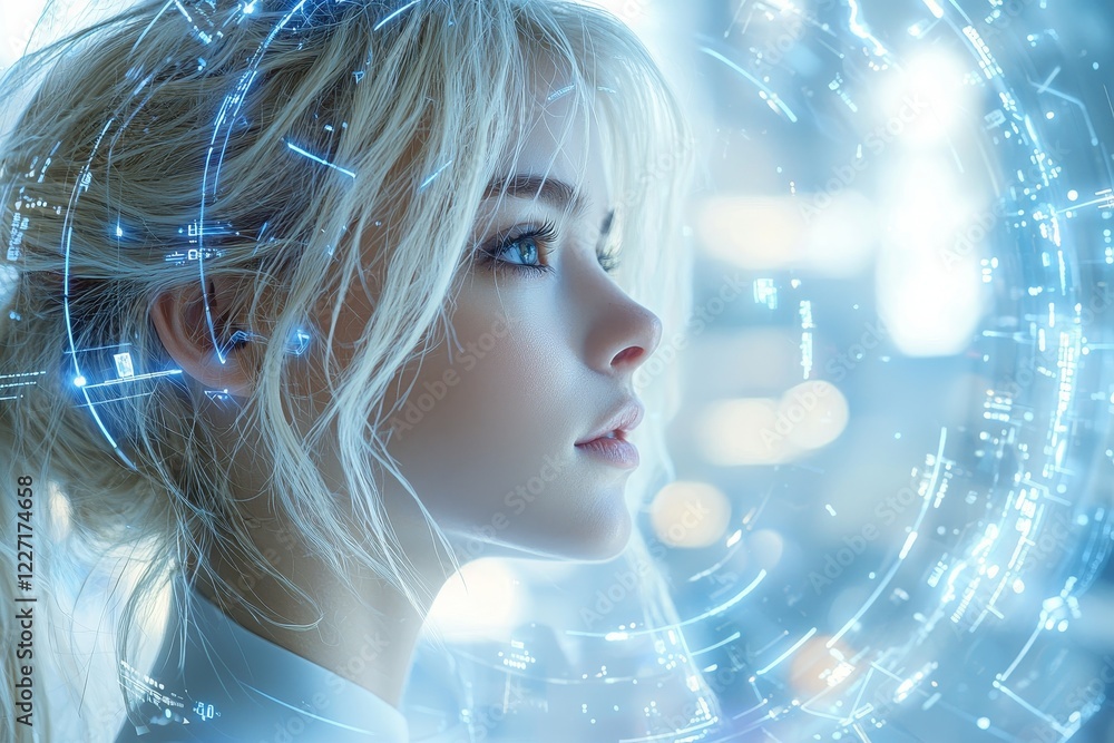 A 3D-rendered Stock image of a cyborg woman with white hair and blue eyes A 3D-rendered Stock image of a cyborg woman with white hair and blue eyes