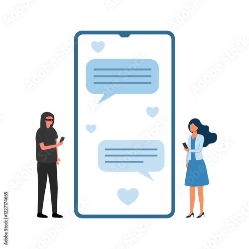Online dating scam on smartphone mobile app in flat design. Phone phishing.