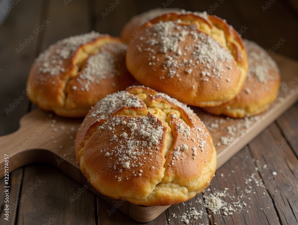 Deliciously baked bread rolls topped with crumbly sugar on a wooden board in a cozy kitchen setting during a warm afternoon Deliciously baked bread rolls topped with crumbly sugar on a wooden board in a cozy kitchen setting during a warm afternoon