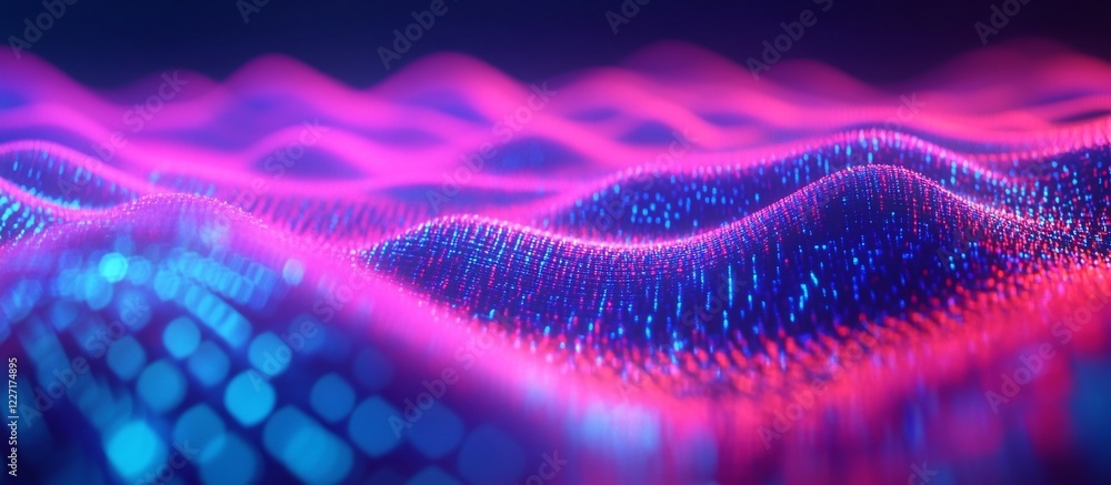 Fototapeta premium Pink & blue digital waves flow over data; tech background; website banner